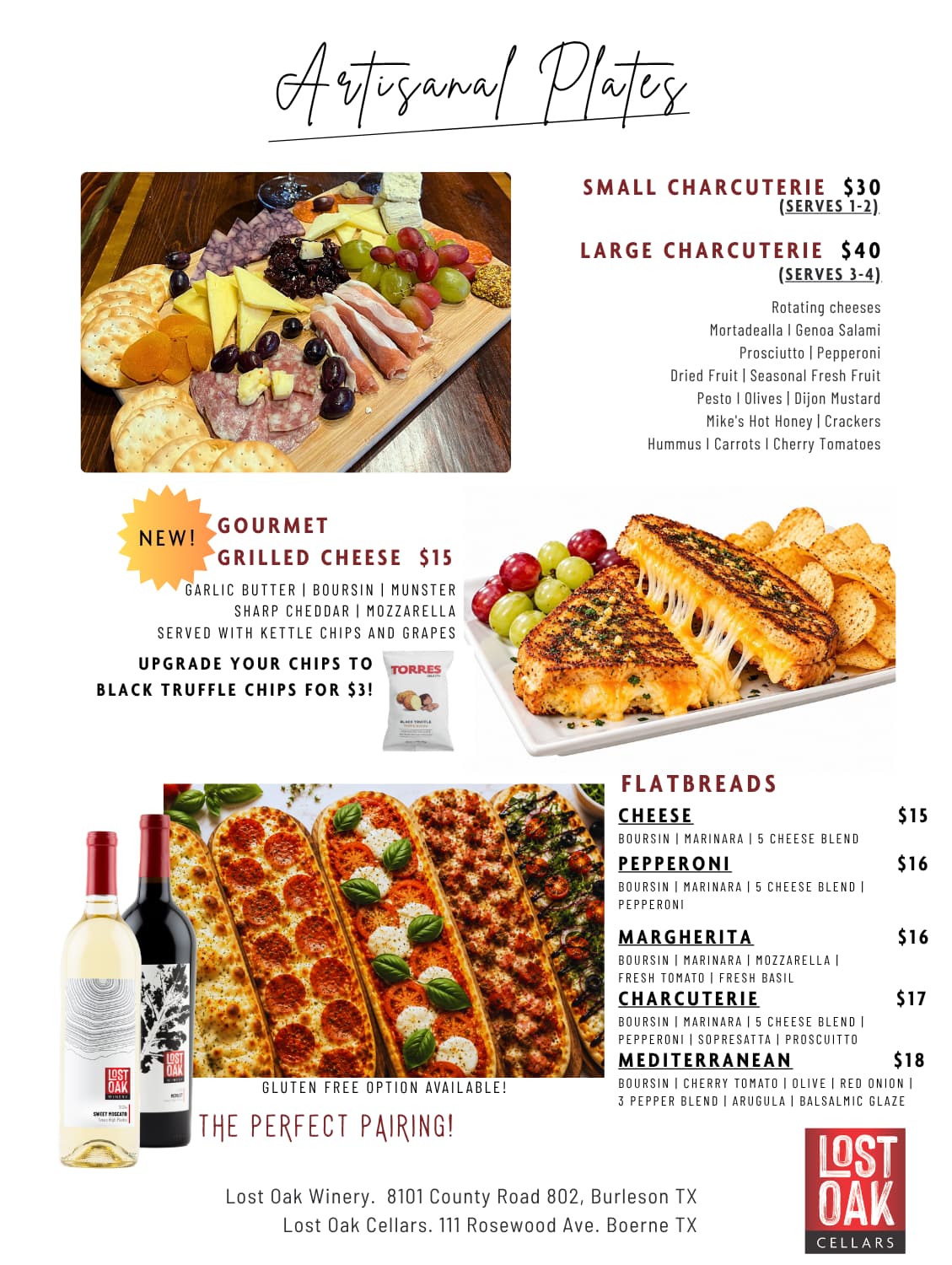 Lost Oak Winery Burleson food menu, October 6, 2026
